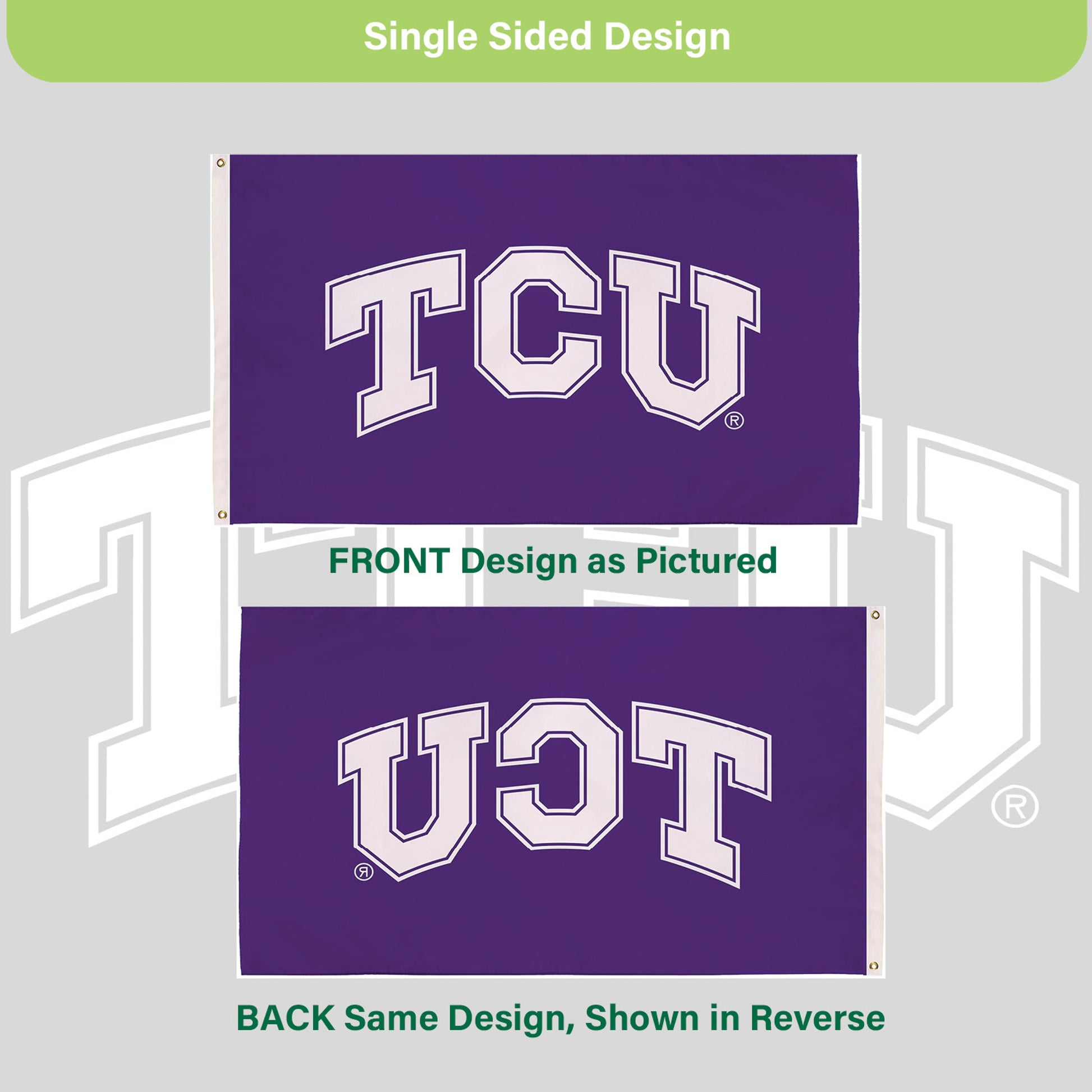 Texas Christian University flag, 3x5 purple single-sided with white TCU letters, 2 grommets on Tampa Home & Garden Store
