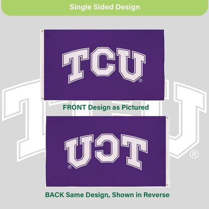 Texas Christian University flag, 3x5 purple single-sided with white TCU letters, 2 grommets on Tampa Home & Garden Store