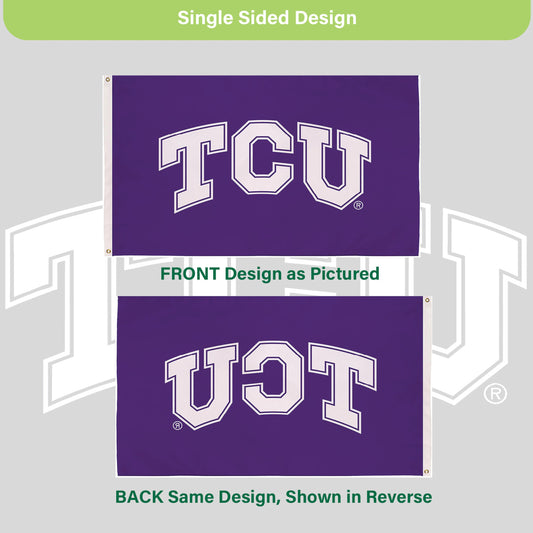 Texas Christian University flag, 3x5 purple single-sided with white TCU letters, 2 grommets on Tampa Home & Garden Store