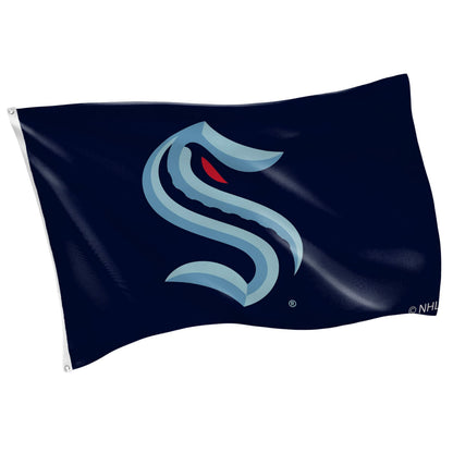 Seattle Kraken flag, single-sided sublimated flag with 2 grommets, navy with logo, 3x5 on Tampa Home & Garden Store