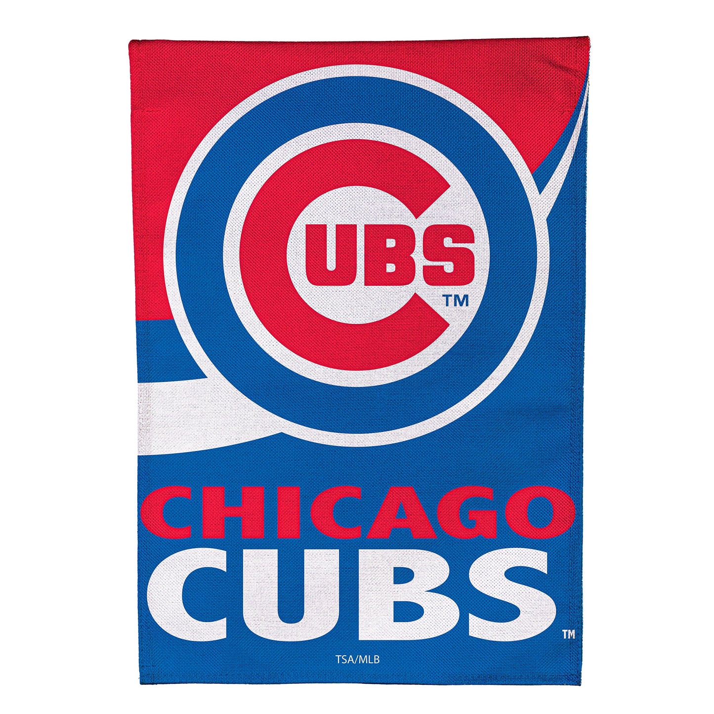 Burlap Chicago Cubs flag by Evergreen Enterprises, red blue white Cubs logo on Tampa Home & Garden Store