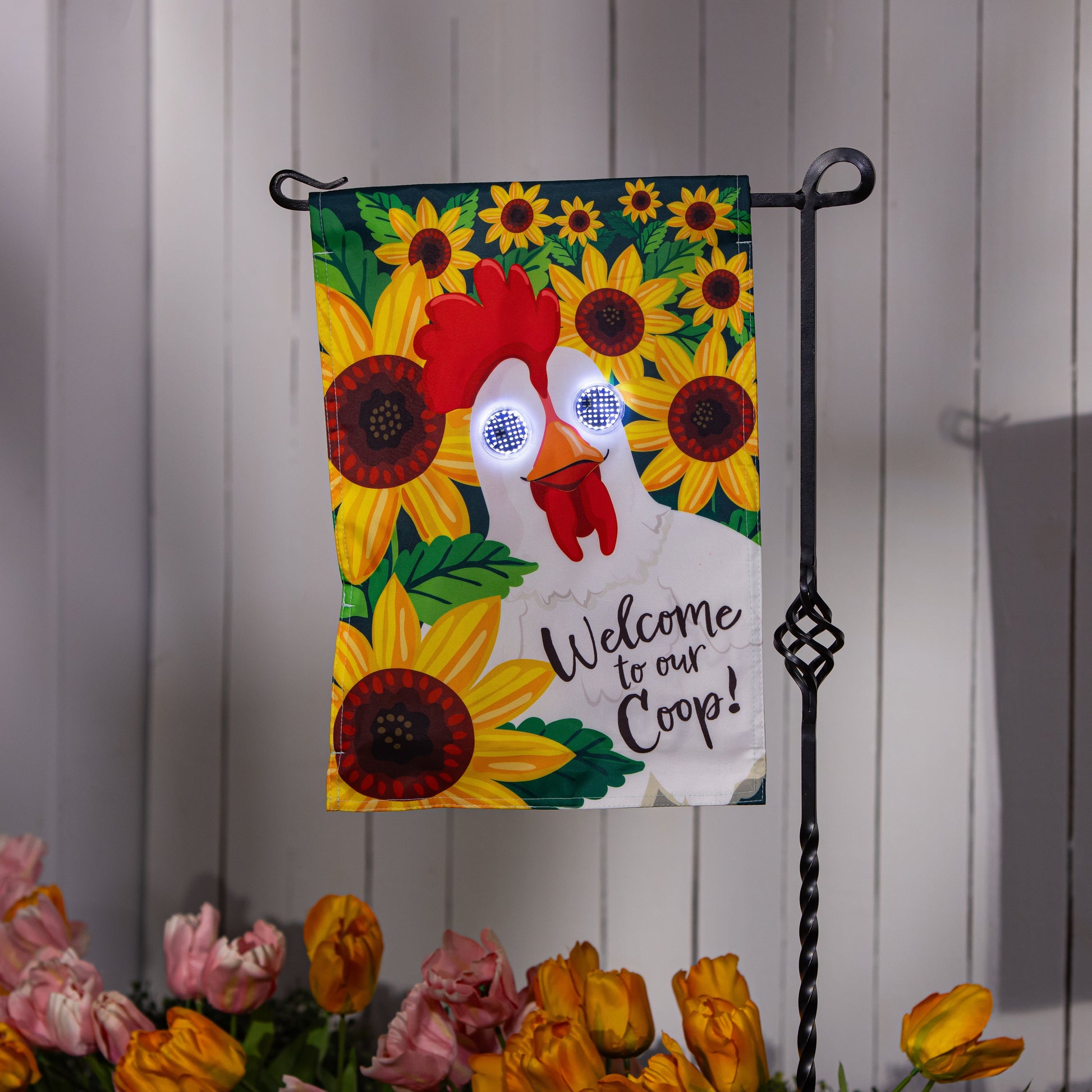 Animated Welcome To Our Coop lighted garden flag with sunflowers and red chicken LEDs on Tampa Home & Garden Store