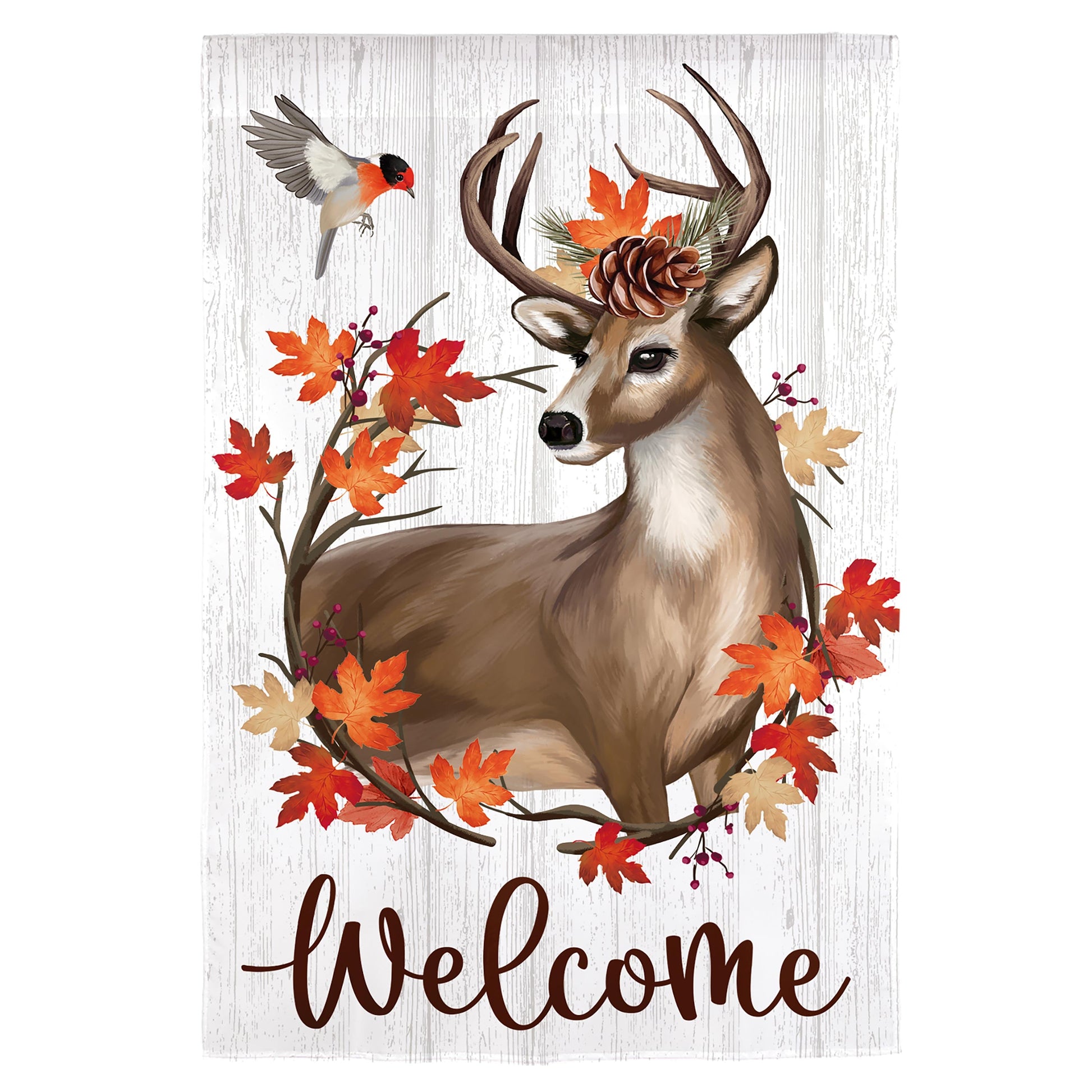 Autumn Deer Wreath Moire Garden Flag with brown deer and orange leaves on Tampa Home & Garden Store