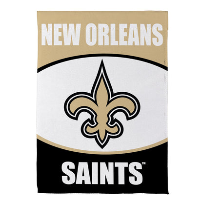 New Orleans Saints suede flag tan header white field fleur-de-lis SAINTS text on Tampa Home & Garden Store