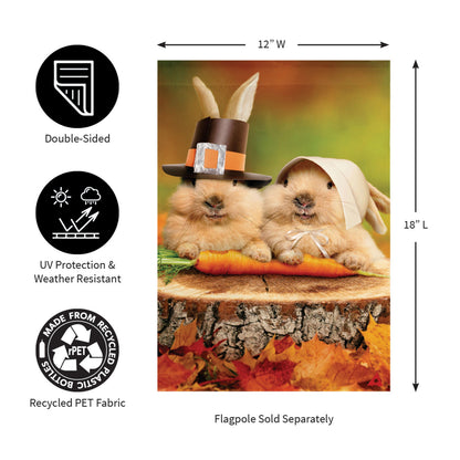 Bunny Pilgrims Suede Garden Flag featuring two rabbits wearing pilgrim hats on Tampa Home & Garden Store