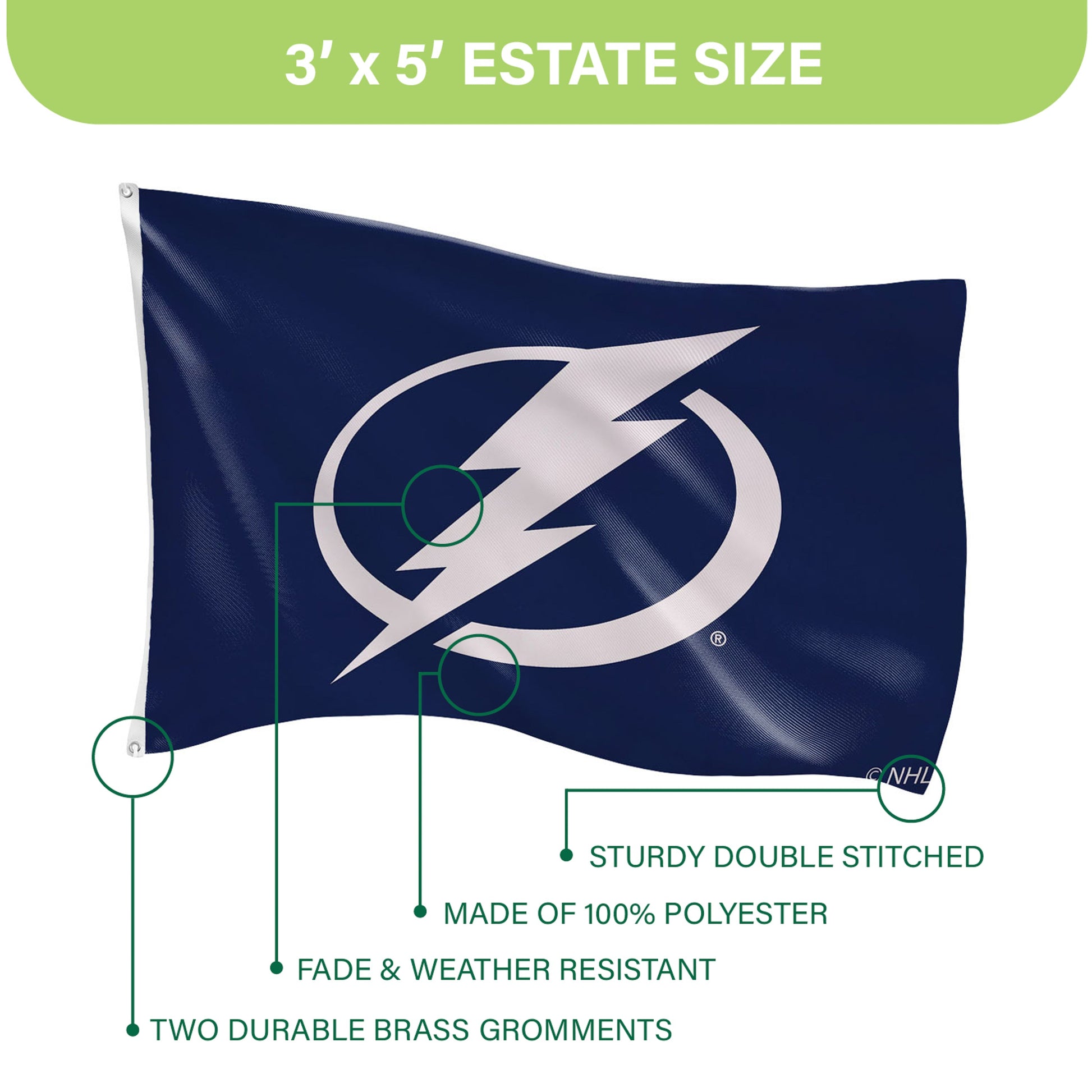 Tampa Bay Lightning flag 3'x5' single-sided navy with white lightning bolt 2 grommets on Tampa Home & Garden Store