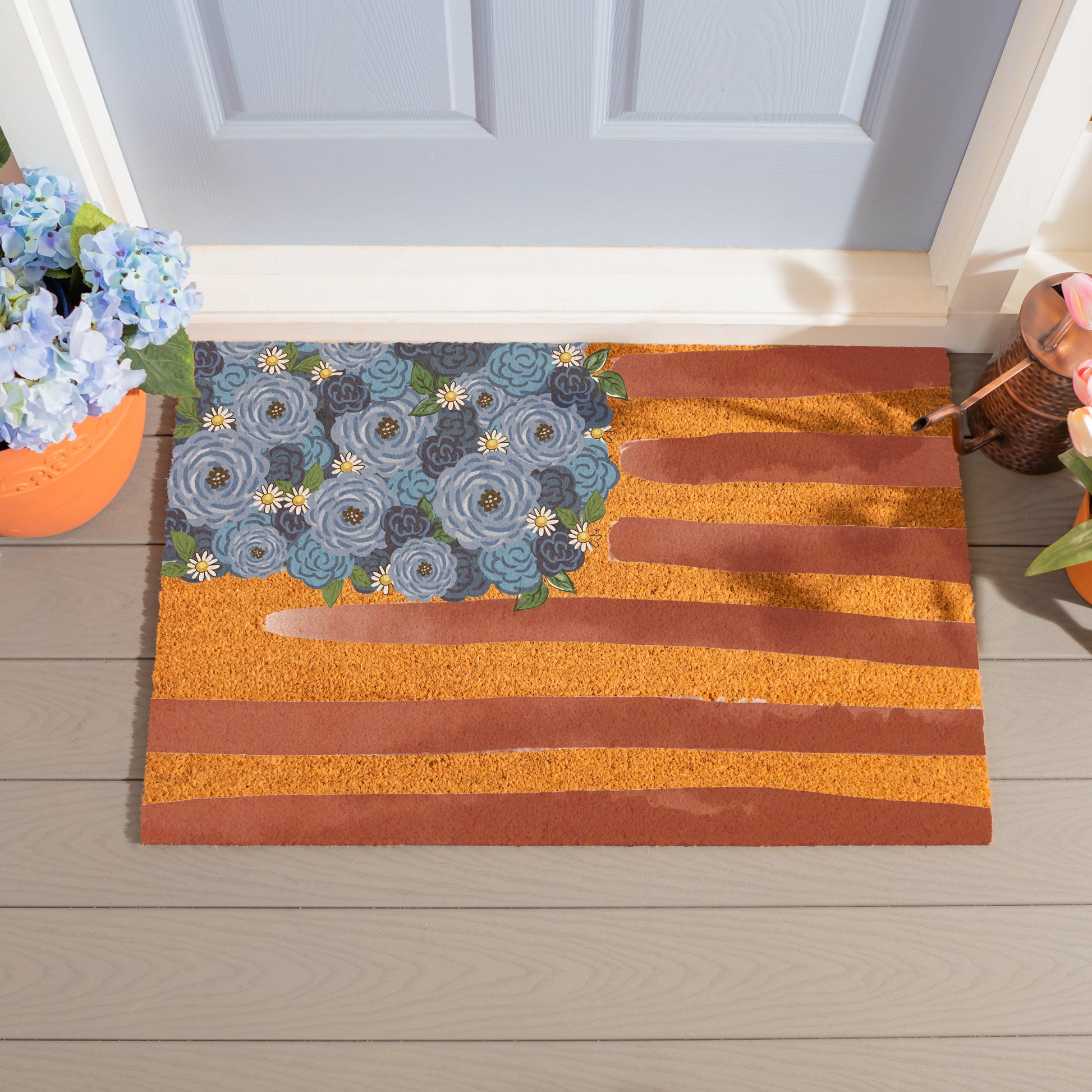 Coir mat American Classic Flag 36x24 with blue floral design by Evergreen Enterprises on Tampa Home & Garden Store