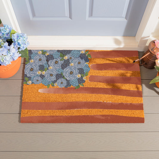 Coir mat American Classic Flag 36x24 with blue floral design by Evergreen Enterprises on Tampa Home & Garden Store