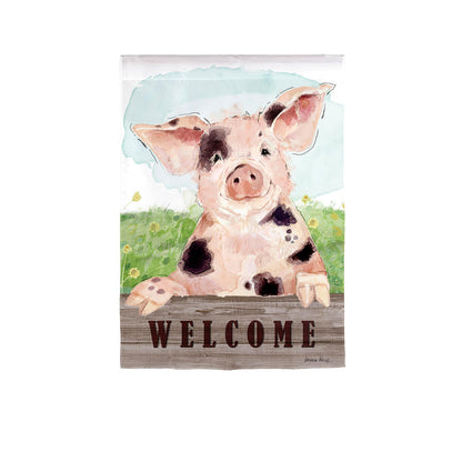 Spotted Pig Garden Suede Flag Evergreen Enterprises watercolor pig on wood welcome sign on Tampa Home & Garden Store