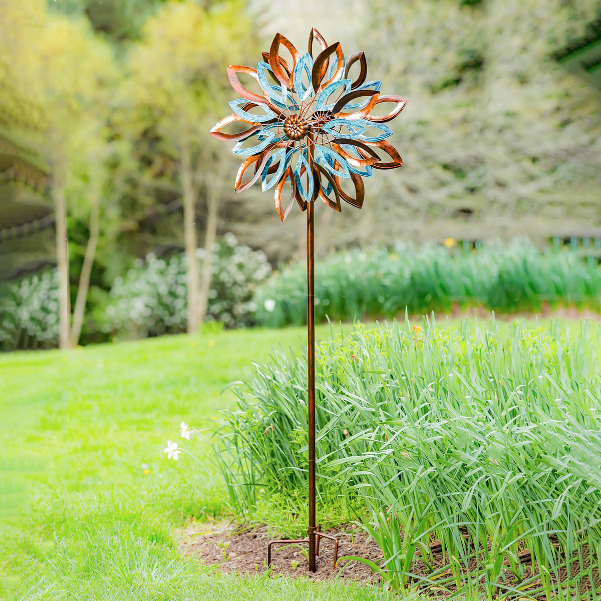 Wind Spinner 75in copper and verdigris leaf design on garden stake by Evergreen Enterprises on Tampa Home & Garden Store