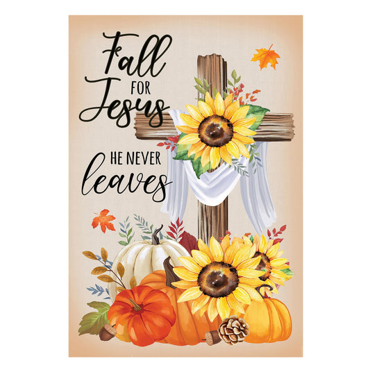 Suede garden flag with autumn sunflowers and pumpkins; reads He will never leave on Tampa Home & Garden Store