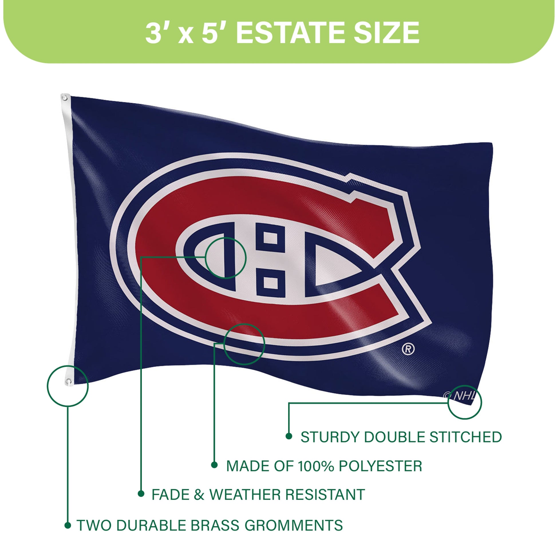 Montreal Canadiens flag 3' x 5' single-sided, sublimated navy with 2 grommets and NHL logo on Tampa Home & Garden Store