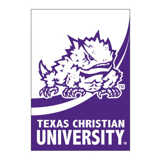 Texas Christian University Burlap Flag, house size, purple with white TCU logo on Tampa Home & Garden Store