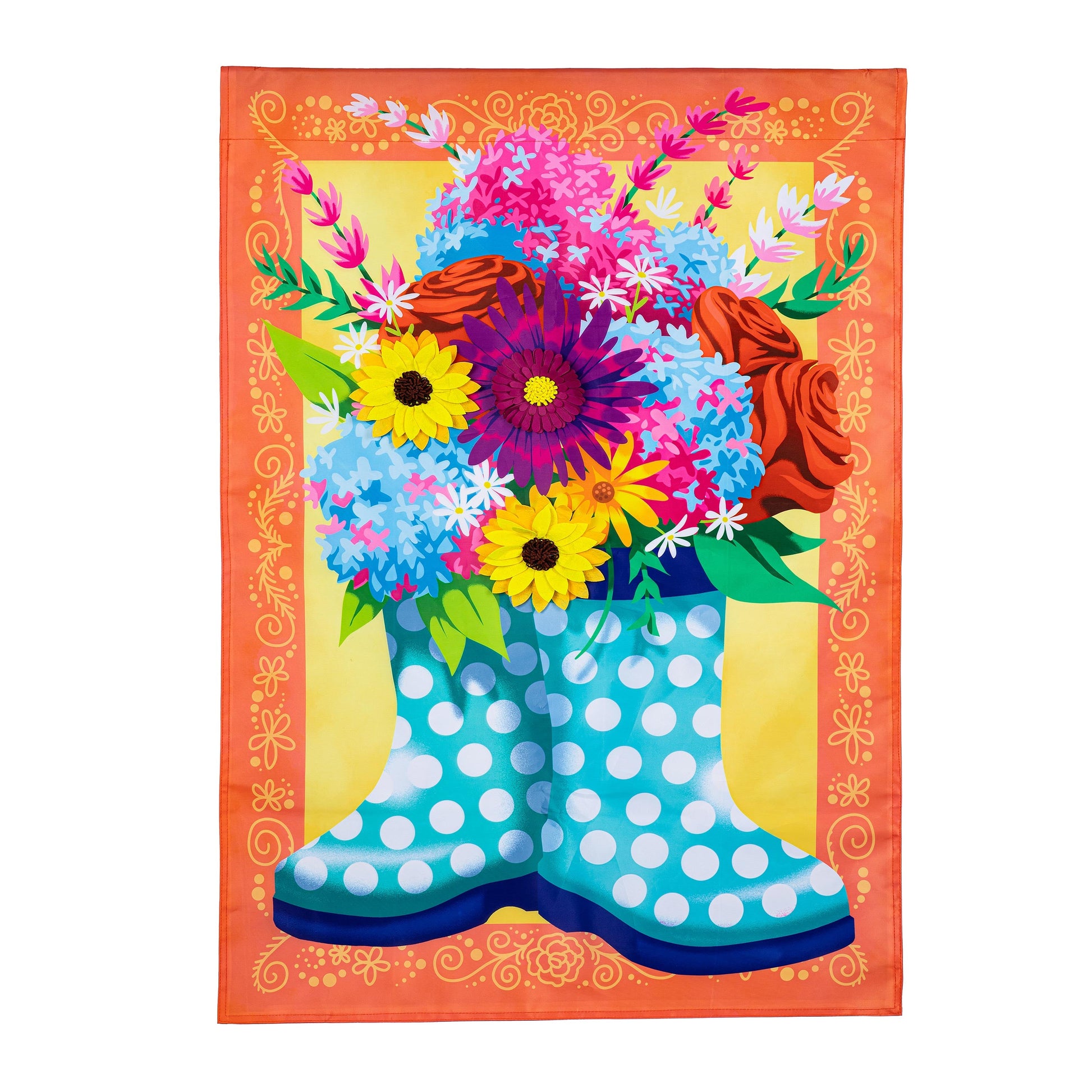 Floral rain boots applique house flag featuring a vibrant bouquet and orange border on Tampa Home & Garden Store