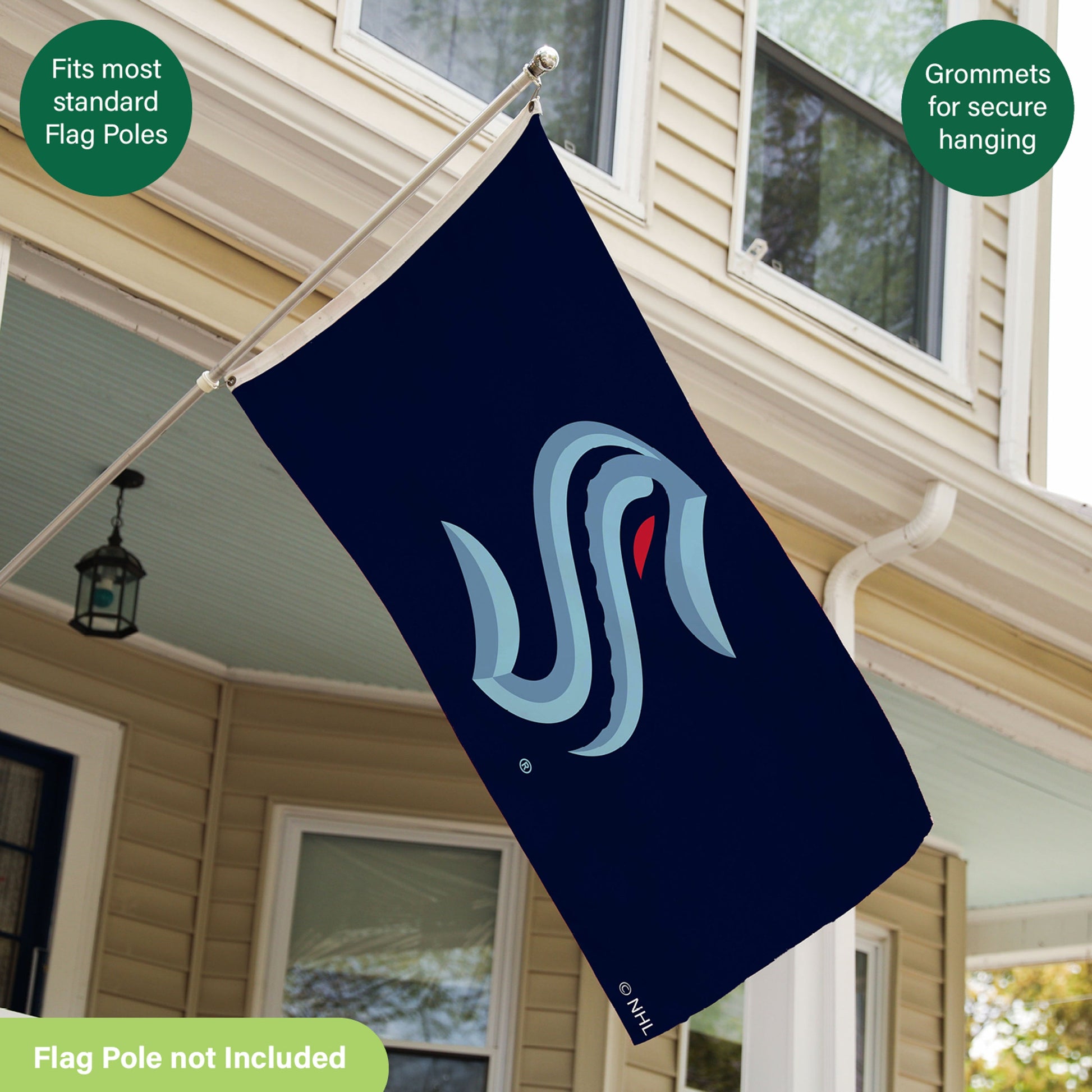 Seattle Kraken 3x5 flag, with 2 grommets; navy background with teal Kraken logo on Tampa Home & Garden Store