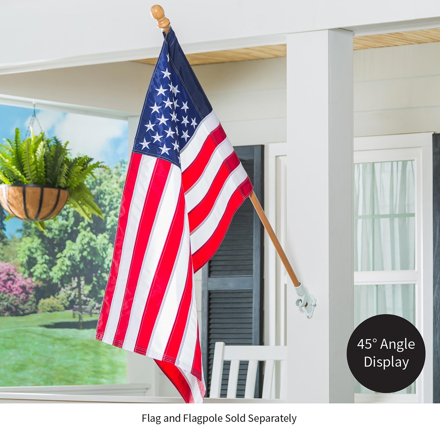 2-Position Aluminum House Flag Bracket, White Finish holding American flag on porch post on Tampa Home & Garden Store