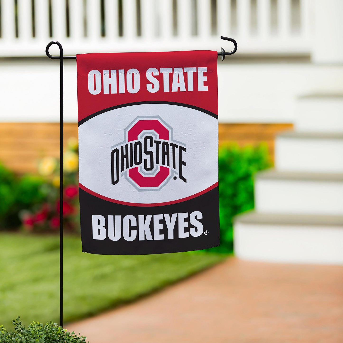 Ohio State suede garden flag red with OSU logo on stake Evergreen Enterprises on Tampa Home & Garden Store