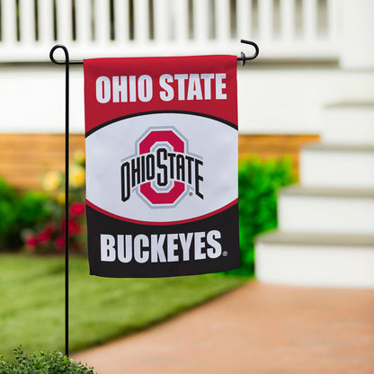 Ohio State suede garden flag red with OSU logo on stake Evergreen Enterprises on Tampa Home & Garden Store