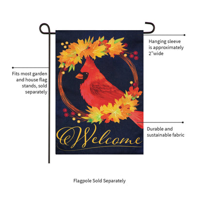 Fall Cardinal Wreath Burlap Garden Flag with a red cardinal and autumn leaves on navy fabric on Tampa Home & Garden Store
