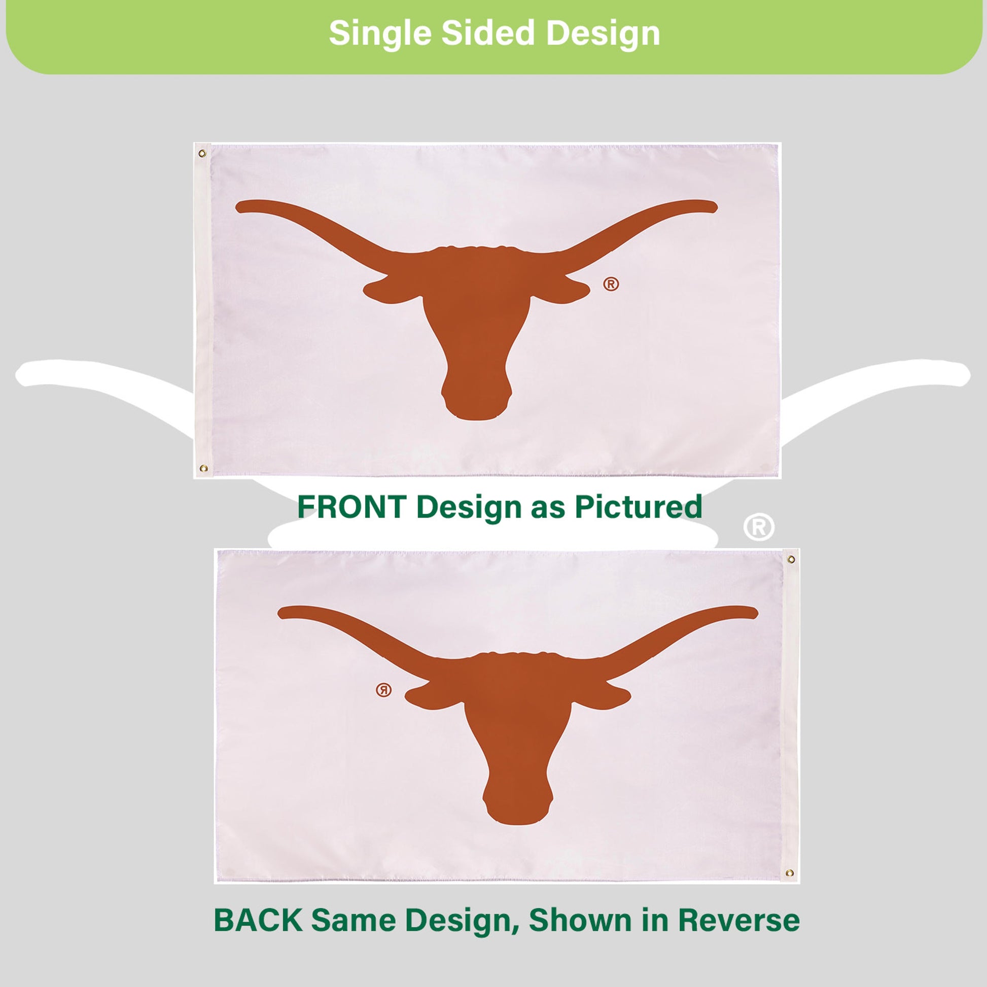 University of Texas single-sided flag 3x5 with orange longhorn silhouette and 2 grommets on Tampa Home & Garden Store