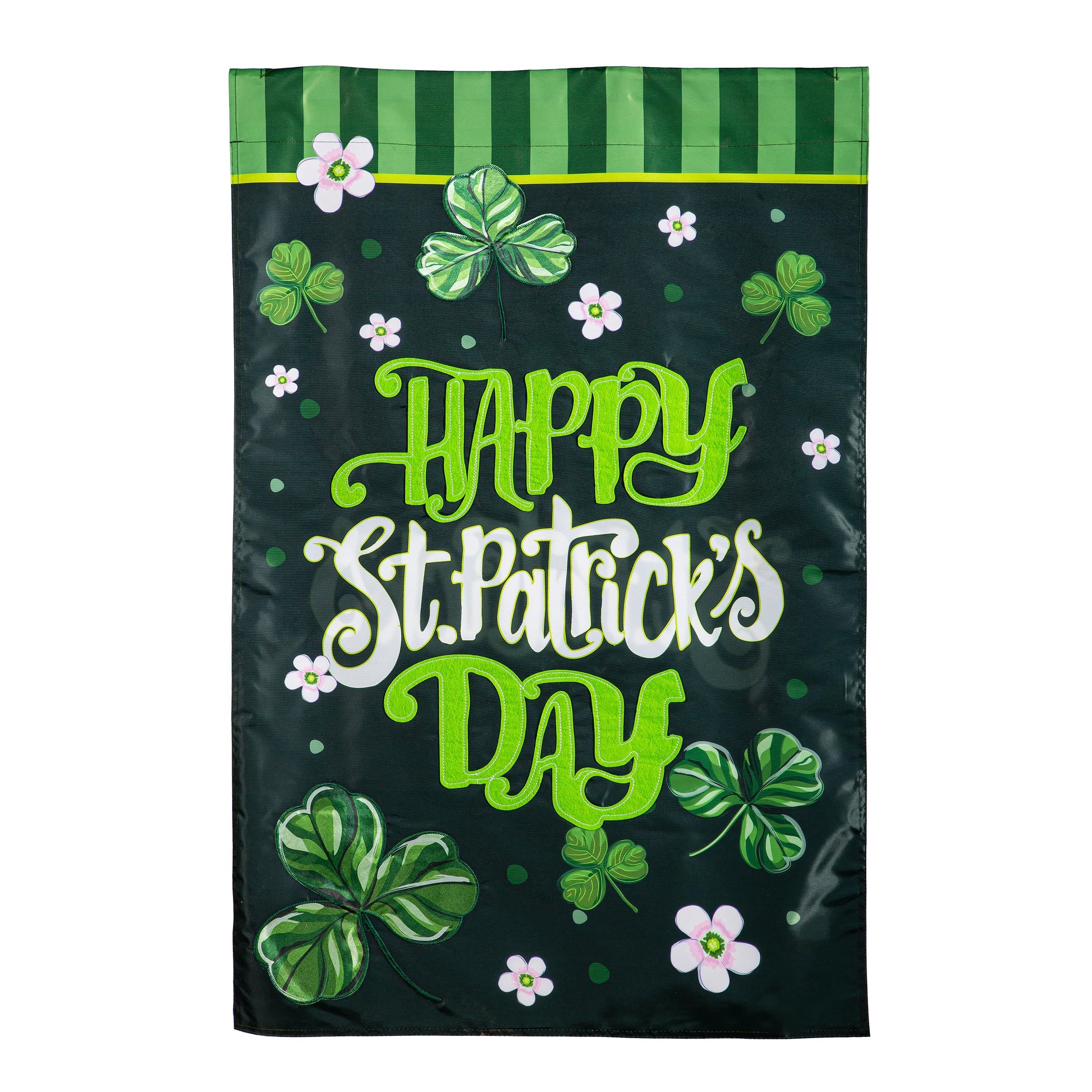 Happy St Patrick's Day Shamrocks Applique Garden Flag in green with clovers on Tampa Home & Garden Store