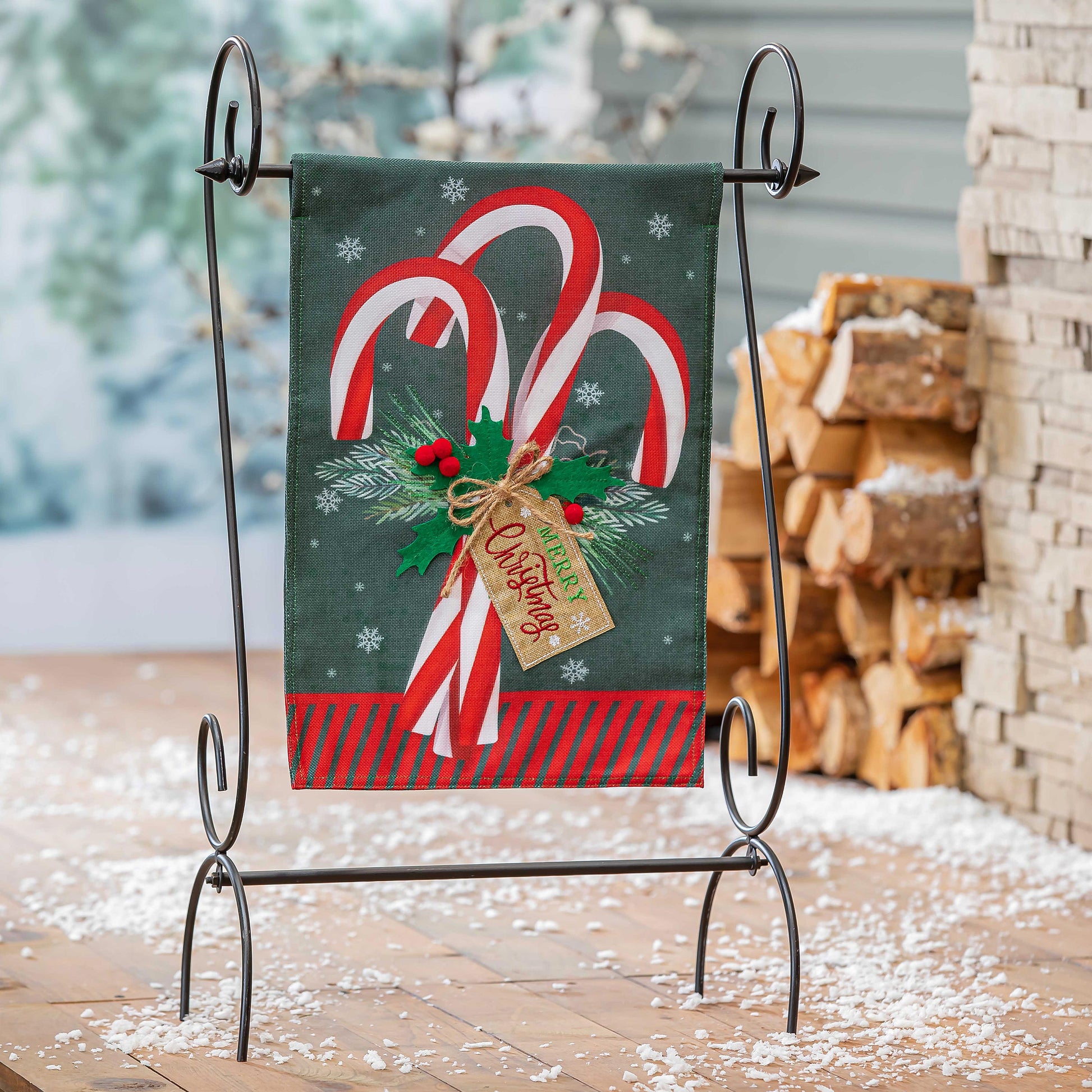 Candy Cane Burlap Garden Flag Evergreen Enterprises, green burlap with candy canes and snowflakes on Tampa Home & Garden Store