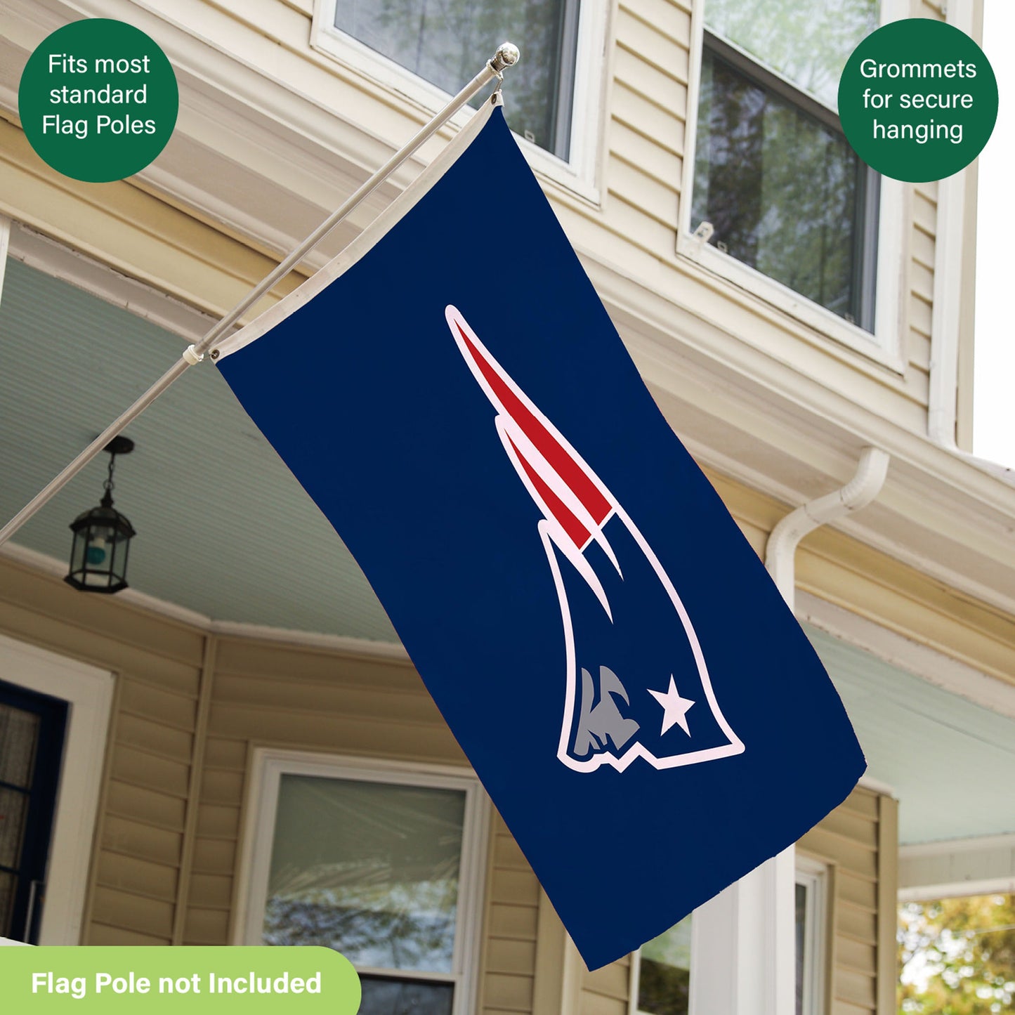 New England Patriots 3x5 ft single-sided sublimated flag with 2 grommets on metal pole on Tampa Home & Garden Store