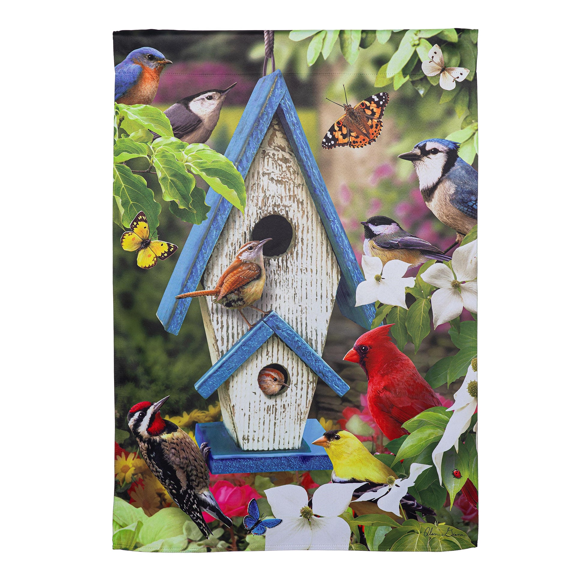 Summer Song Suede House Flag by Evergreen Enterprises with colorful birds and a blue birdhouse on Tampa Home & Garden Store