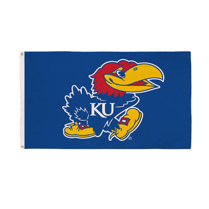 University of Kansas single-sided 3x5 ft estate flag with 2 grommets and Jayhawks logo on blue on Tampa Home & Garden Store