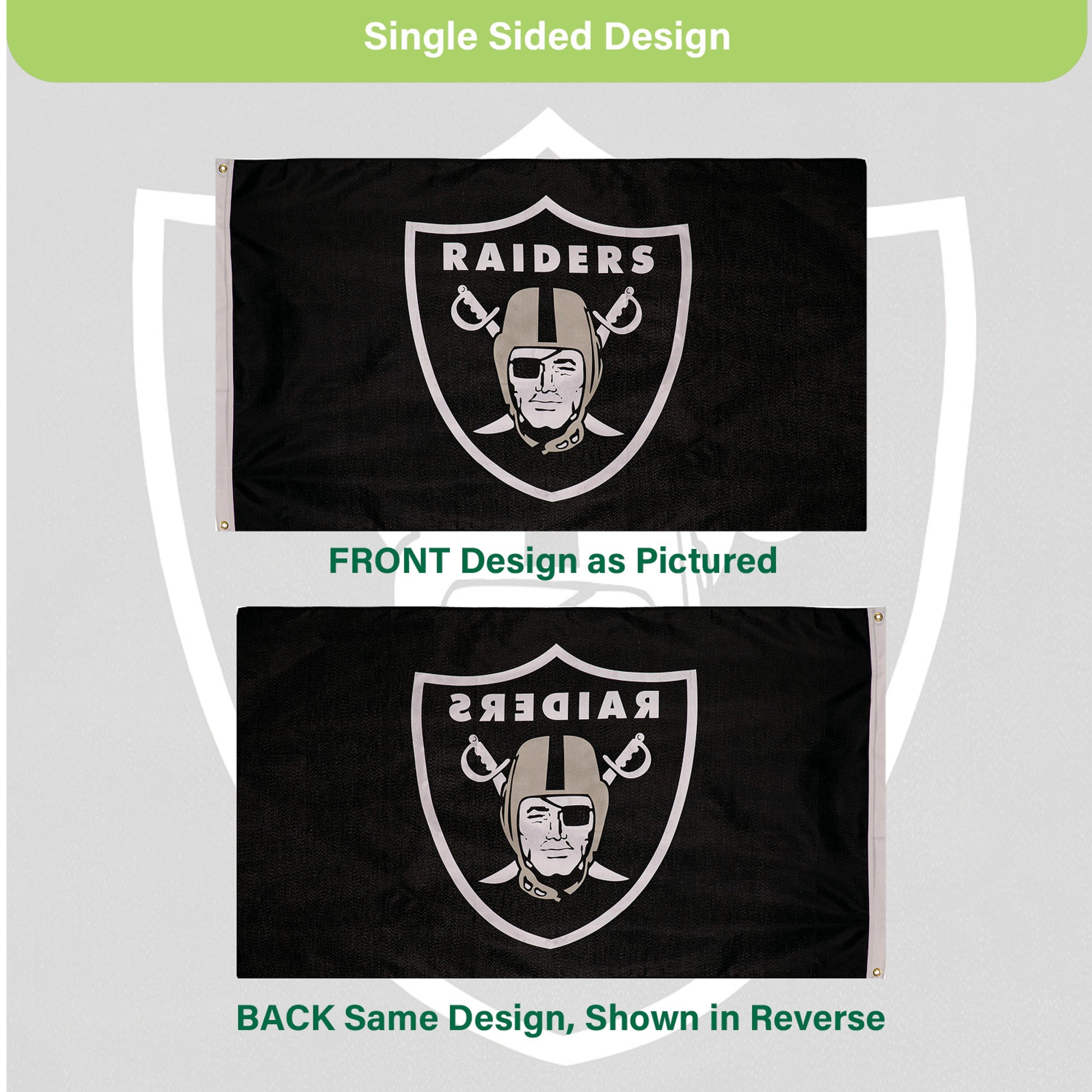 Las Vegas Raiders single-sided 3x5 estate flag with two grommets, black flag with Raiders logo on Tampa Home & Garden Store