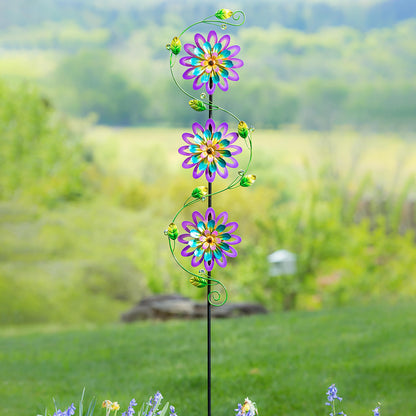 71-inch garden stake wind spinner with violet trio of metal flowers Evergreen Enterprises on Tampa Home & Garden Store