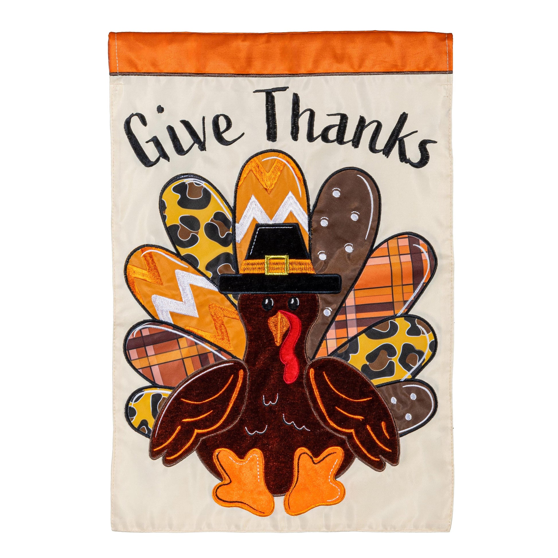Give Thanks Patterned Turkey Applique Garden Flag with orange header and turkey feather artwork on Tampa Home & Garden Store