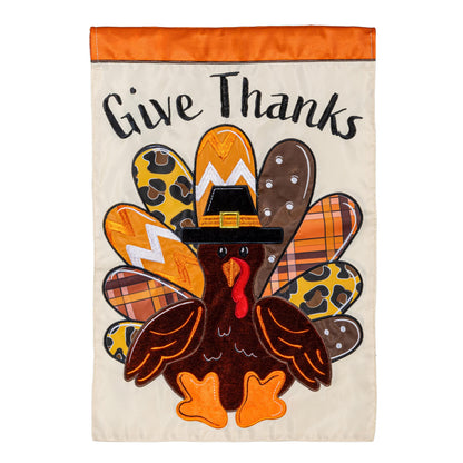 Give Thanks Patterned Turkey Applique Garden Flag with orange header and turkey feather artwork on Tampa Home & Garden Store