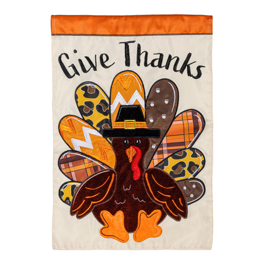 Give Thanks Patterned Turkey Applique Garden Flag with orange header and turkey feather artwork on Tampa Home & Garden Store