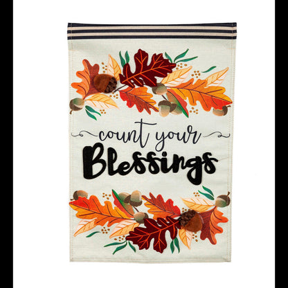 Count Your Blessings Garden Burlap Flag with autumn orange-red leaves and scripted blessings on Tampa Home & Garden Store