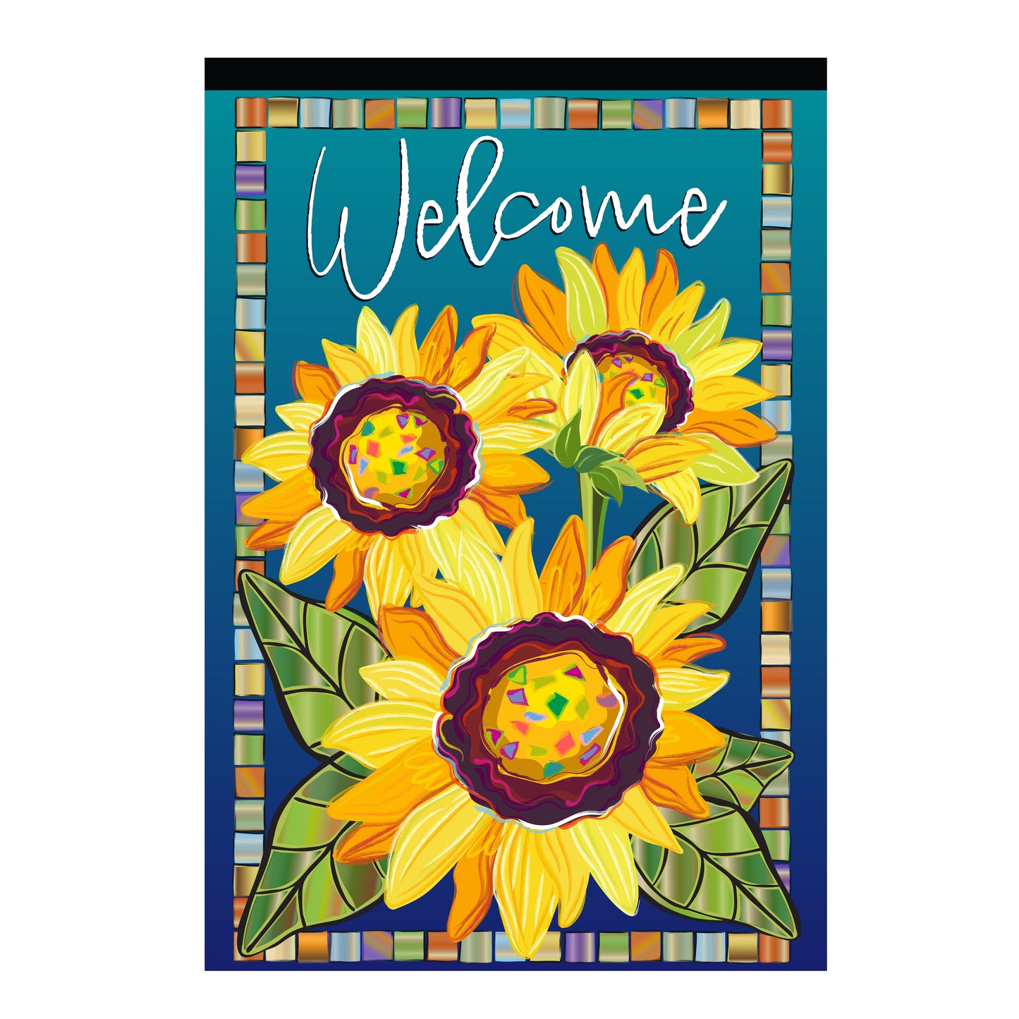 Sunflower Garden Welcome Applique House Flag teal background with bright sunflowers on Tampa Home & Garden Store