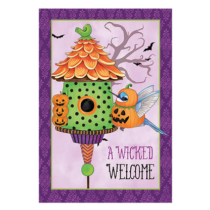 Trick or Tweet Suede House Flag, purple-framed Halloween design with pumpkin stack and bats on Tampa Home & Garden Store