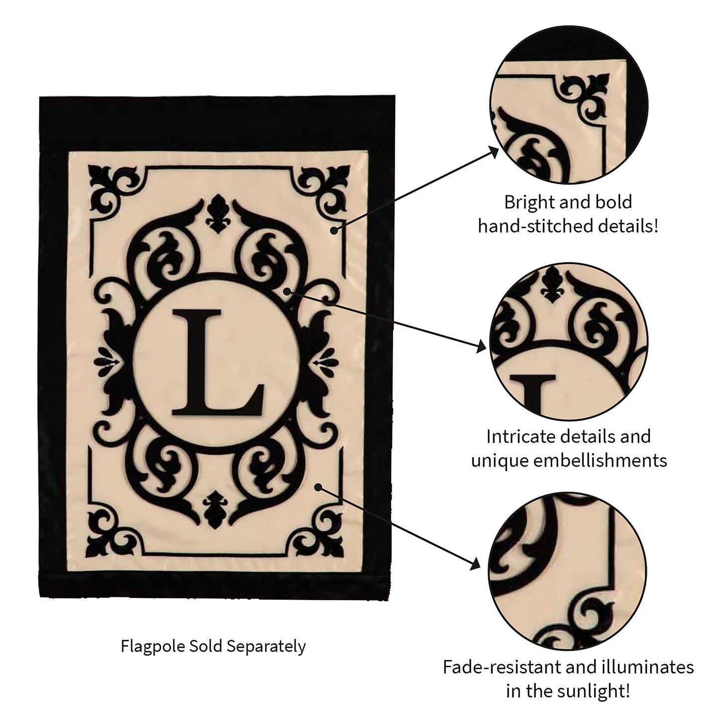Cambridge Monogram Garden Applique Flag Letter L cream backdrop with black border on Tampa Home & Garden Store