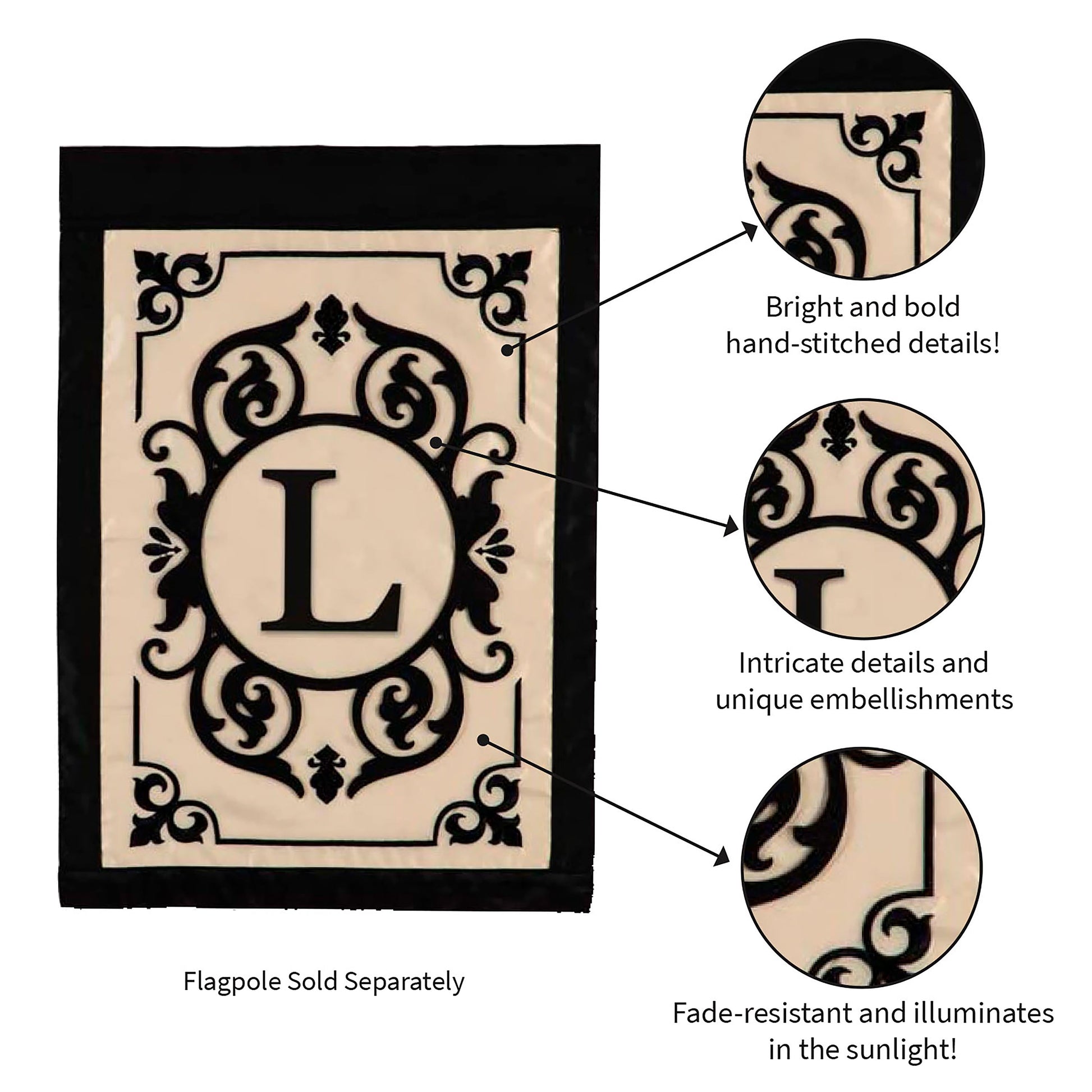 Cambridge Monogram Garden Applique Flag Letter L cream backdrop with black border on Tampa Home & Garden Store