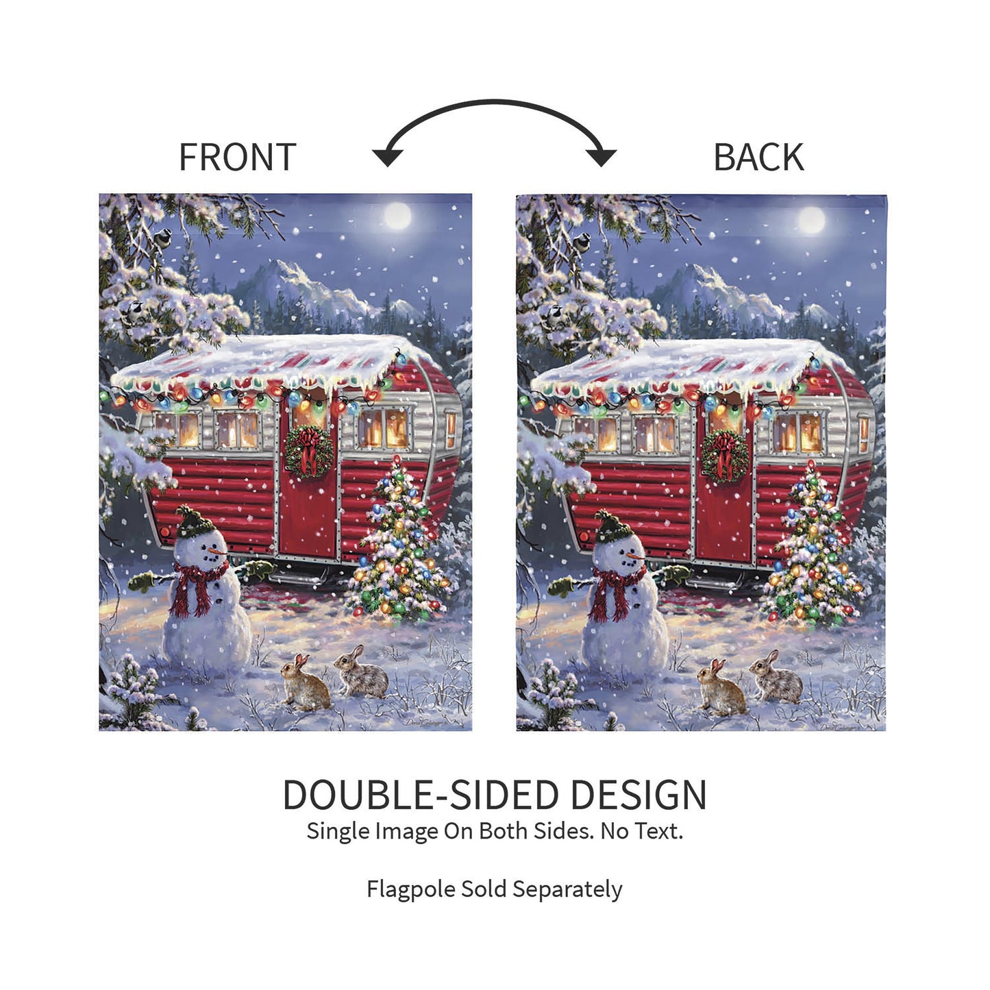 Christmas Camper Lustre Garden Flag, double-sided with red camper in snow on Tampa Home & Garden Store