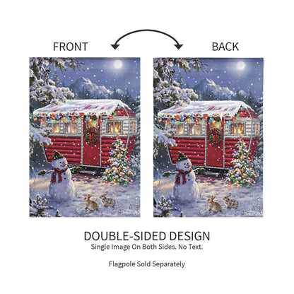 Christmas Camper Lustre Garden Flag, double-sided with red camper in snow on Tampa Home & Garden Store