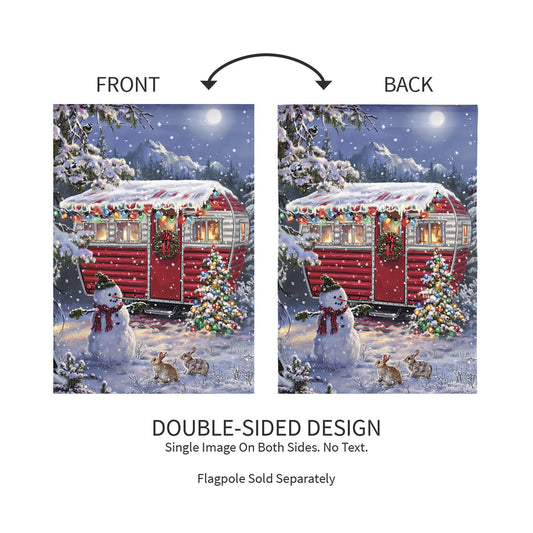 Christmas Camper Lustre Garden Flag, double-sided with red camper in snow on Tampa Home & Garden Store