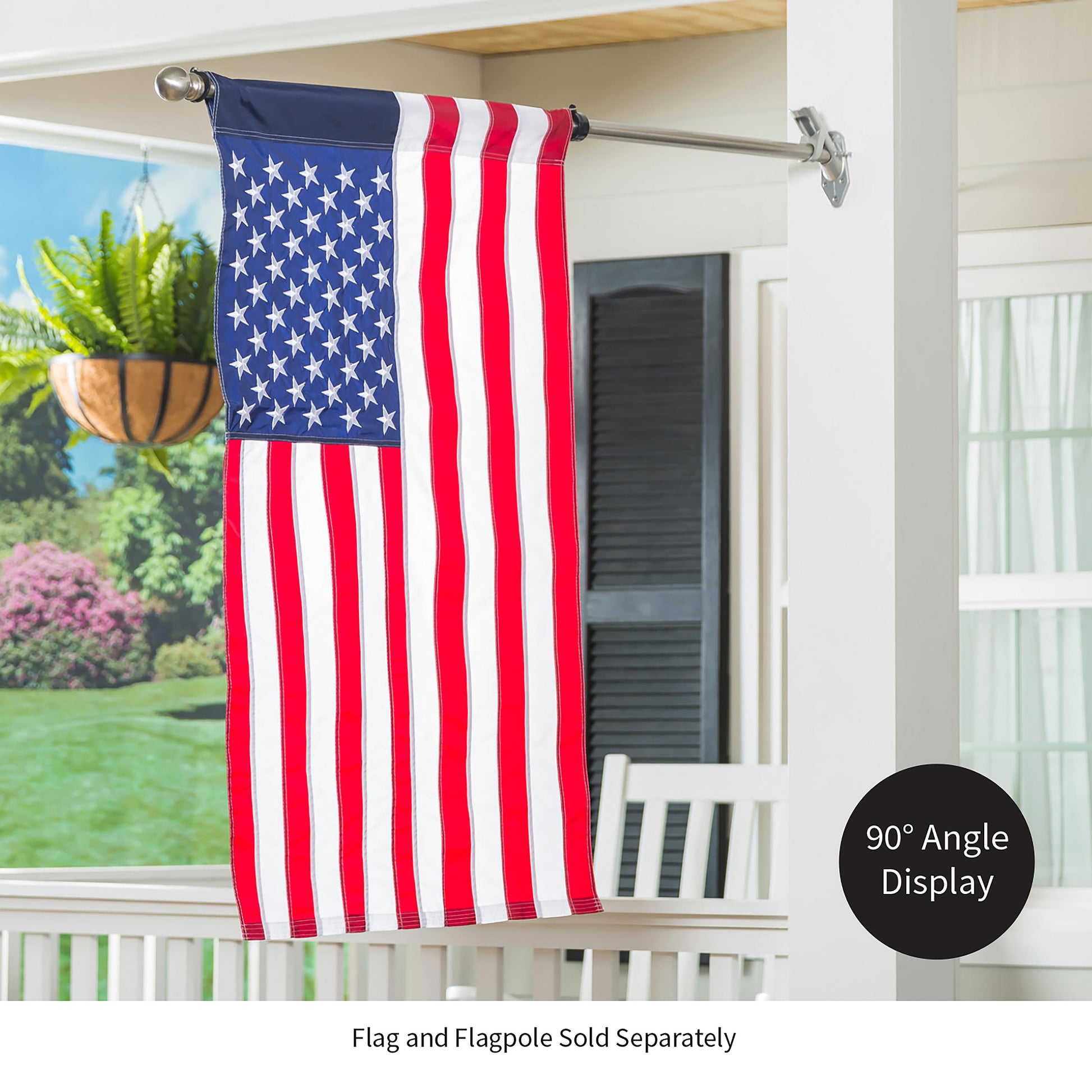 2-Position Aluminum House Flag Bracket with American flag on a white porch post on Tampa Home & Garden Store