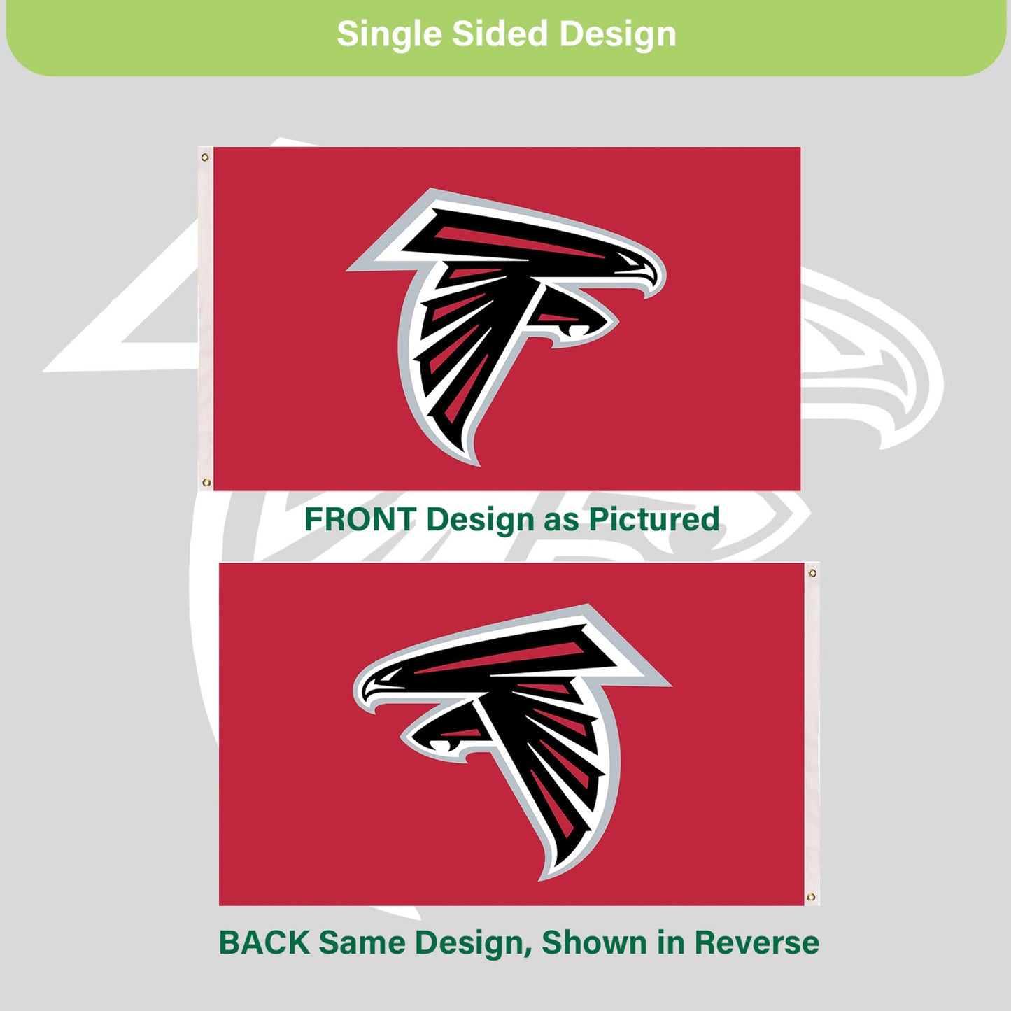 Atlanta Falcons 3x5 single-sided flag with 2 grommets, red field and Falcons head logo on Tampa Home & Garden Store