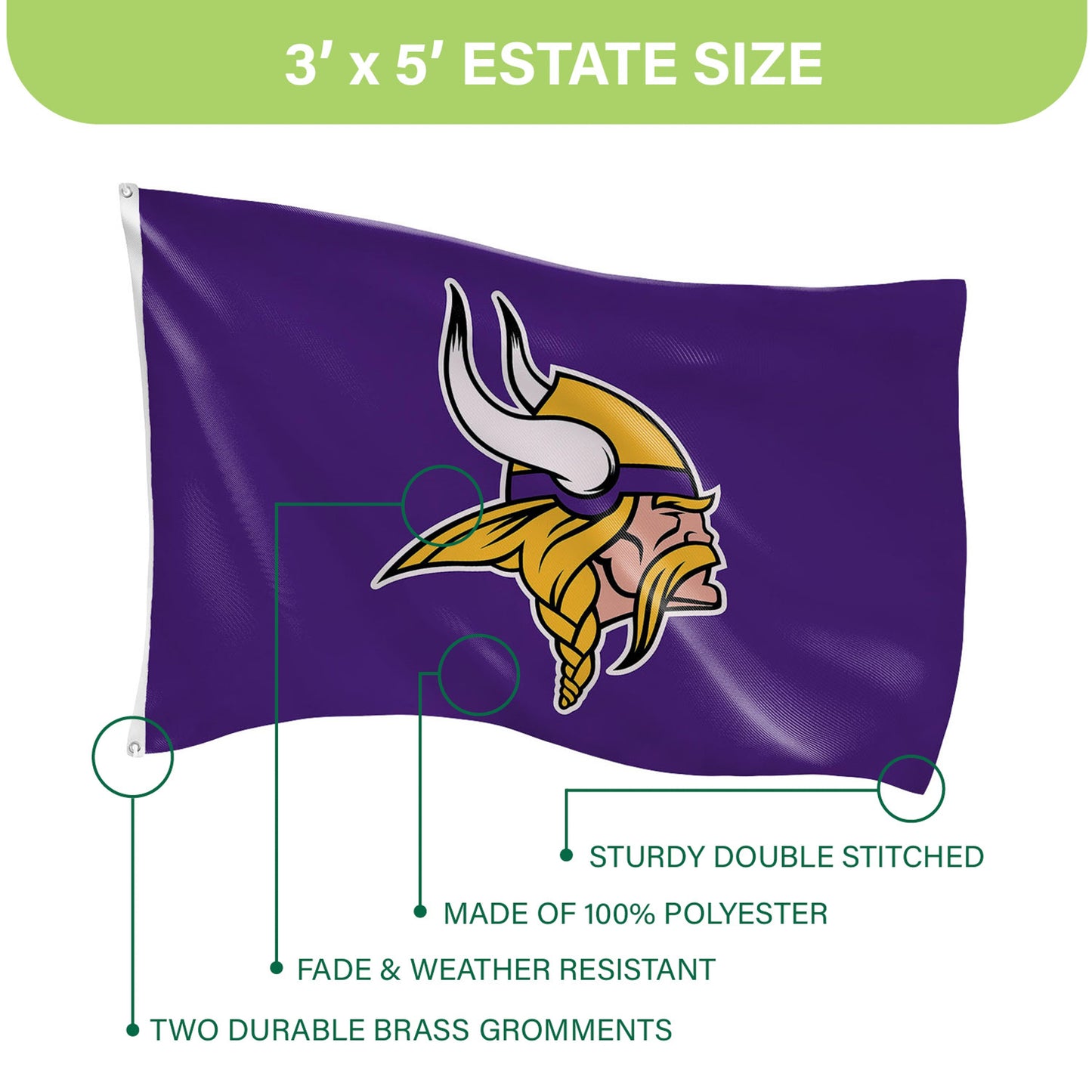 Minnesota Vikings estate flag, sublimated flag with 2 grommets, purple Viking logo on Tampa Home & Garden Store