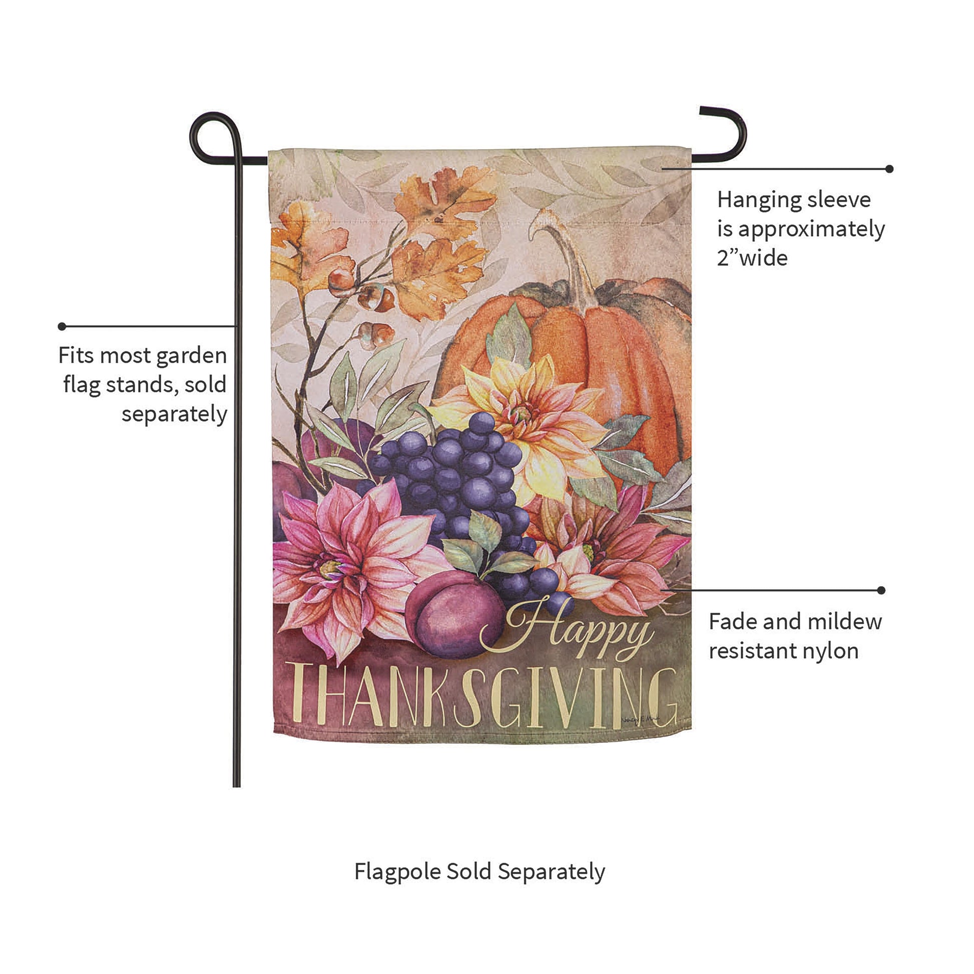 Happy Thanksgiving suede garden flag by Evergreen Enterprises on a black metal stand on Tampa Home & Garden Store