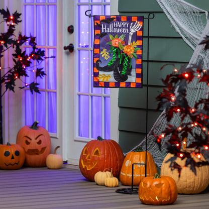 Happy Halloween Witches Boots Applique Garden Flag purple orange checker border with witch boots on Tampa Home & Garden Store