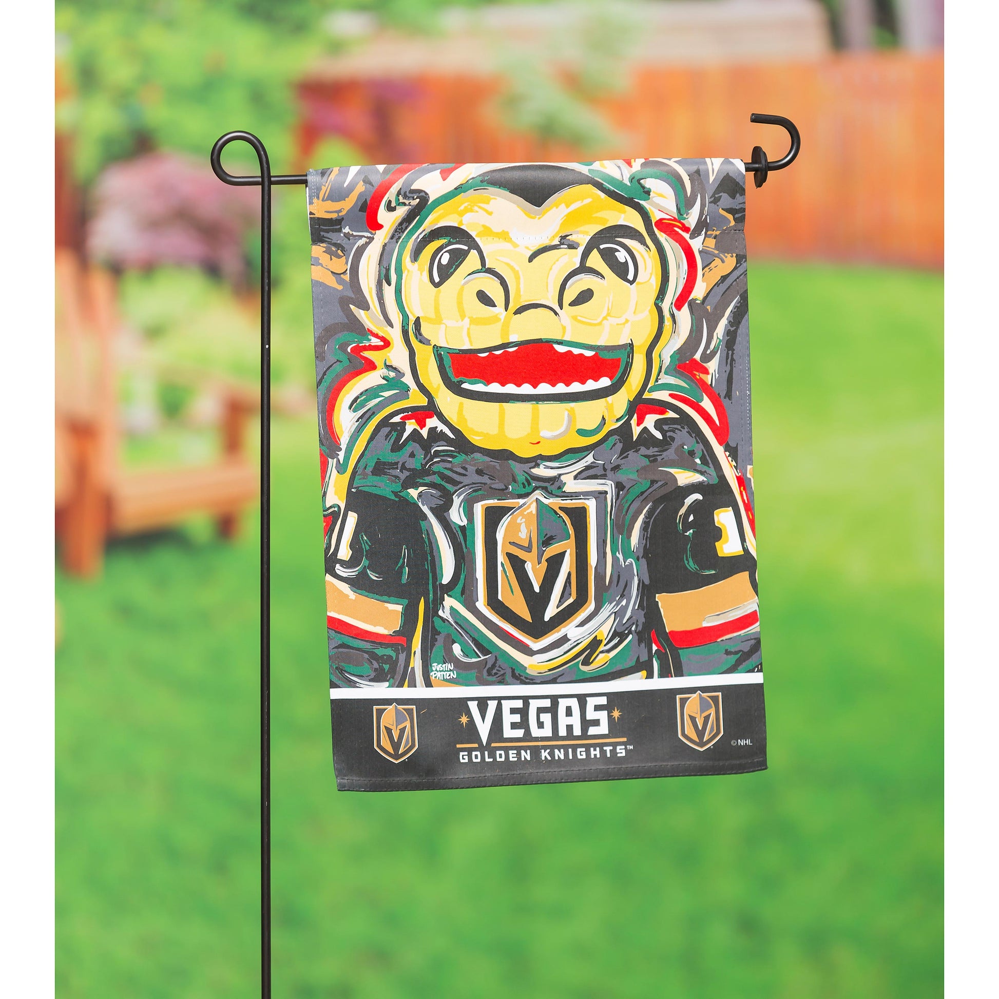 Suede flag Vegas Golden Knights with bold cartoon mascot, hung on a garden flag stand on Tampa Home & Garden Store
