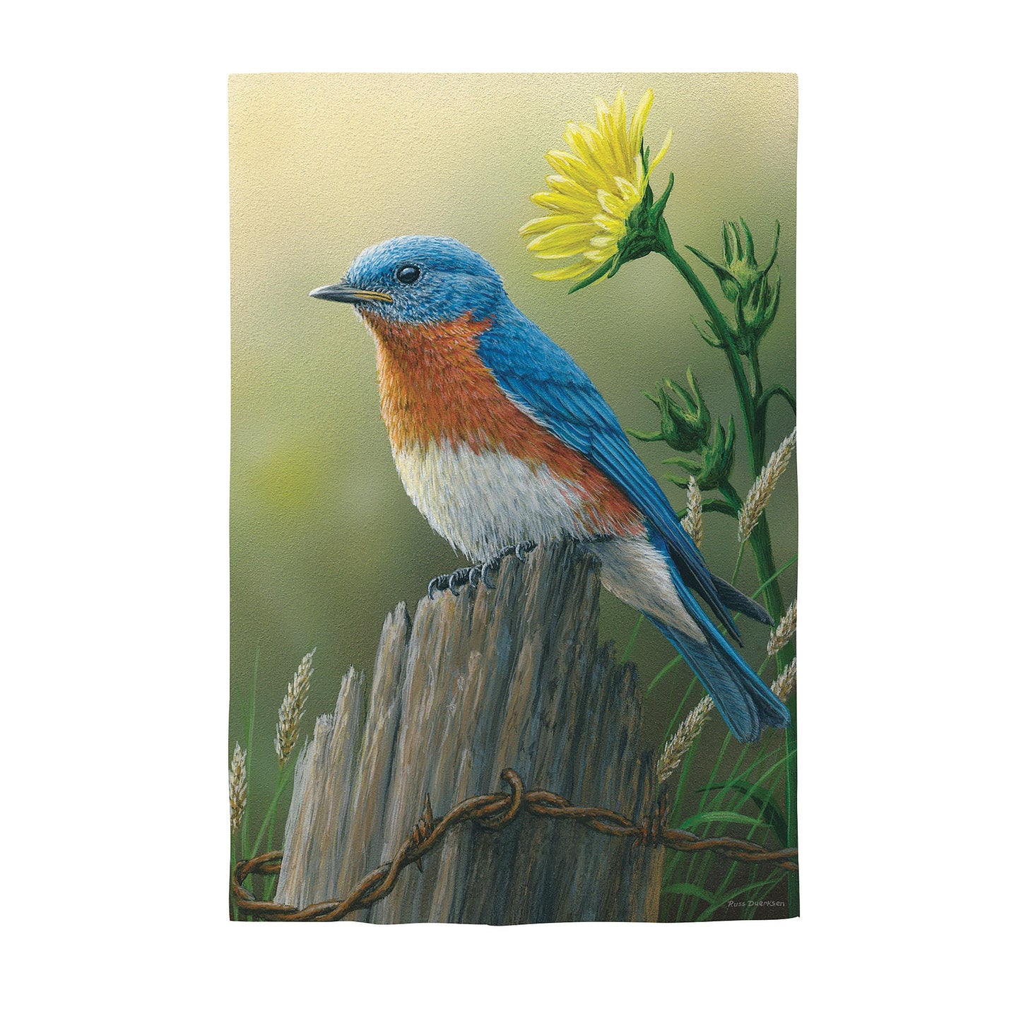 Eastern Bluebird Suede Garden Flag bluebird with yellow flower on suede background on Tampa Home & Garden Store