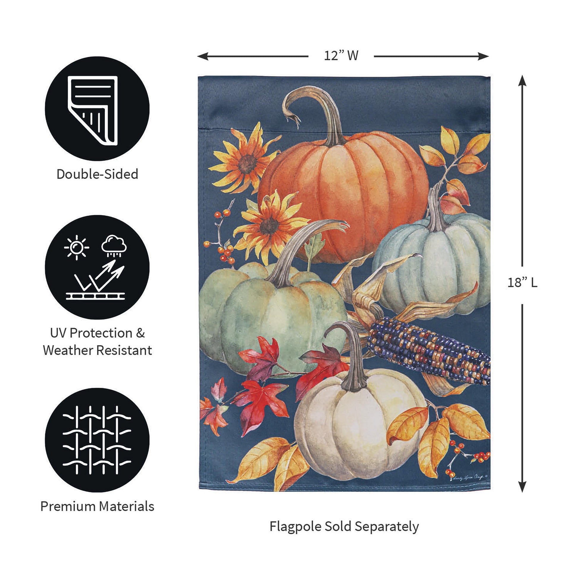 All Things Pumpkins Suede Garden Flag pumpkin and sunflower motif on dark blue suede on Tampa Home & Garden Store